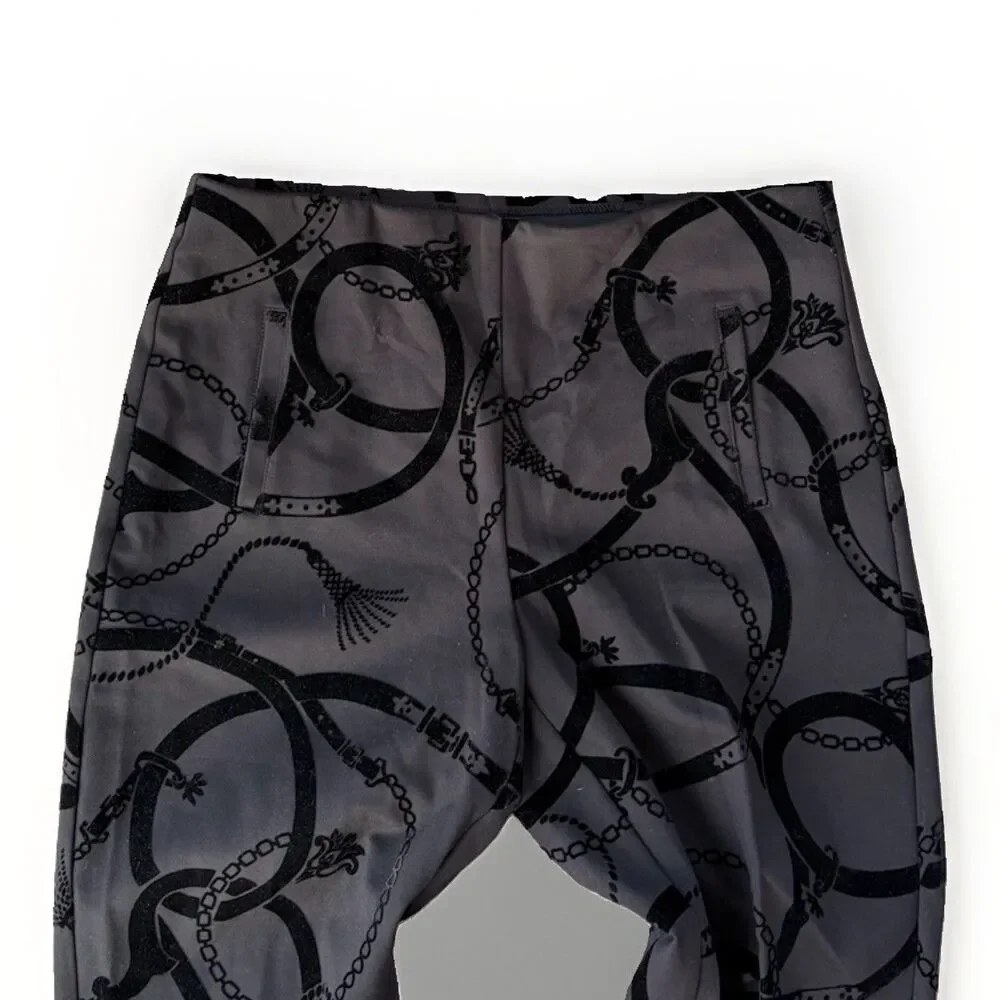 Chicos Juliet Flocked Trouser Pants Size 1.5 Medium Gray Black Velvet Chain Link